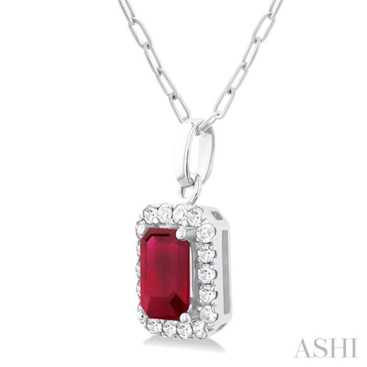 6x4 MM Octagonal Shape Ruby and 1/6 Ctw Round Cut Diamond Halo Precious Pendant with Chain in 14K White Gold