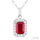 6x4 MM Octagonal Shape Ruby and 1/6 Ctw Round Cut Diamond Halo Precious Pendant with Chain in 14K White Gold