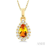 5x3 MM Pear Shape Citrine and 1/20 Ctw Single Cut Diamond Halo Semi-Precious Pendant with Chain in 14K Yellow Gold