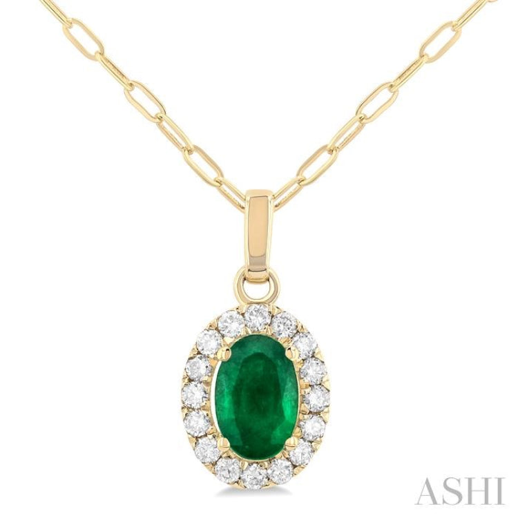 6x4 MM Oval Shape Emerald and 1/6 Ctw Round Cut Diamond Halo Precious Pendant with Chain in 14K Yellow Gold