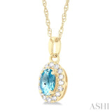 5x3 MM Oval Shape Aquamarine and 1/20 Ctw Single Cut Diamond Halo Semi-Precious Pendant with Chain in 14K Yellow Gold