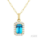 6x4 MM Octagonal Shape Blue Topaz and 1/6 Ctw Round Cut Diamond Halo Semi-Precious Pendant with Chain in 10K Yellow Gold