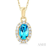 5x3 MM Oval Shape Blue Topaz and 1/20 Ctw Single Cut Diamond Halo Semi-Precious Pendant with Chain in 14K Yellow Gold