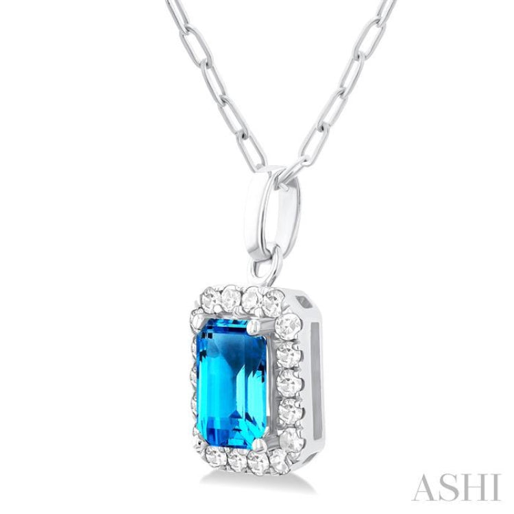 6x4 MM Octagonal Shape Blue Topaz and 1/6 Ctw Round Cut Diamond Halo Semi-Precious Pendant with Chain in 14K White Gold