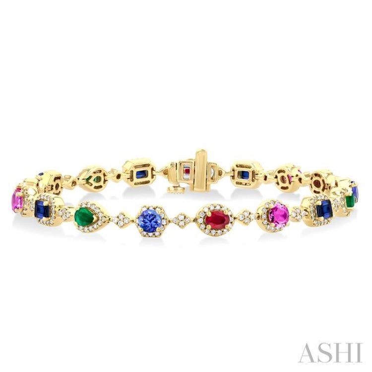 4X3 MM & 4 MM Mixed Shape Gemstone Rainbow and 1 Ctw Round Cut Diamond Halo Precious Tennis Bracelet in 14K Yellow Gold