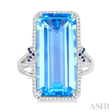 22x10 MM Emerald Cut Blue Topaz and 0.80 MM Round Sapphire & 1/4 Ctw Round Cut Diamond Halo Precious & Semi-Precious Ring in 14K White Gold