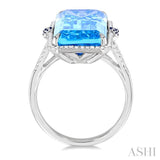 22x10 MM Emerald Cut Blue Topaz and 0.80 MM Round Sapphire & 1/4 Ctw Round Cut Diamond Halo Precious & Semi-Precious Ring in 14K White Gold
