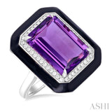 14x10 MM Emerald Cut Amethyst and 1/5 Ctw Round Cut Diamond Halo & Black Enamel Border Semi-Precious Ring in 14K White Gold