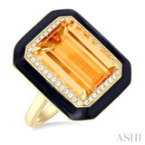 14x10 MM Emerald Cut Citrine and 1/5 Ctw Round Cut Diamond Halo & Black Enamel Border Semi-Precious Ring in 14K Yellow Gold