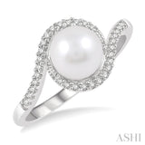 7x7 MM Round Shape Cultured Pearl & 1/10 Ctw Round Cut Diamond Ring in 10K White Gold