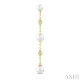 4 MM, 5 MM & 6 MM Round Shape Cultured Pearls and 1/10 Ctw Round Cut Diamond Station Long Earring in 14K Yellow Gold