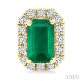 5x3 MM Octagonal Shape Emerald and 1/8 Ctw Round Cut Diamond Halo Precious Stud Earrings in 10K Yellow Gold