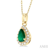 5x3 MM Pear Shape Emerald and 1/20 Ctw Round Cut Diamond Halo Precious Pendant with Chain in 10K Yellow Gold