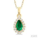 5x3 MM Pear Shape Emerald and 1/20 Ctw Single Cut Diamond Halo Precious Pendant with Chain in 10K Yellow Gold