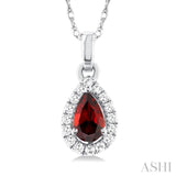 5x3 MM Pear Shape Garnet and 1/20 Ctw Single Cut Diamond Halo Semi-Precious Pendant with Chain in 10K White Gold