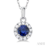 3.25 MM Round Sapphire and 1/20 Ctw Single Cut Diamond Halo Precious Pendant with Chain in 10K White Gold
