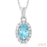 5x3 MM Oval Shape Aquamarine and 1/20 Ctw Single Cut Diamond Halo Semi-Precious Pendant with Chain in 10K White Gold