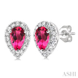 5x3 MM Pear Shape Pink Tourmaline and 1/8 Ctw Single Cut Diamond Halo Semi-Precious Stud Earrings in 10K White Gold