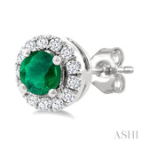 3.25 MM Round Emerald and 1/10 Ctw Round Cut Diamond Halo Precious Stud Earrings in 10K White Gold