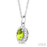 5x3 MM Oval Shape Peridot and 1/20 Ctw Single Cut Diamond Halo Semi-Precious Pendant with Chain in 14K White Gold
