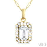 6x4 MM Octagonal Shape White Topaz and 1/6 Ctw Round Cut Diamond Halo Semi-Precious Pendant with Chain in 14K Yellow Gold
