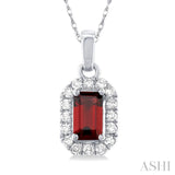 5x3 MM Octagonal Shape Garnet and 1/20 Ctw Single Cut Diamond Halo Semi-Precious Pendant with Chain in 10K White Gold
