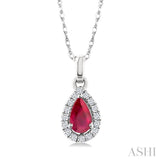 5x3 MM Pear Shape Ruby and 1/20 Ctw Single Cut Diamond Halo Precious Pendant with Chain in 14K White Gold