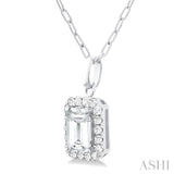 6x4 MM Octagonal Shape White Topaz and 1/6 Ctw Round Cut Diamond Halo Semi-Precious Pendant with Chain in 14K White Gold