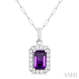 6x4 MM Octagonal Shape Amethyst and 1/6 Ctw Round Cut Diamond Halo Semi-Precious Pendant with Chain in 14K White Gold
