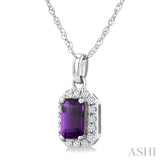 5x3 MM Octagonal Shape Amethyst and 1/20 Ctw Round Cut Diamond Halo Semi-Precious Pendant with Chain in 10K White Gold