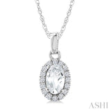 5x3 MM Oval Shape White Topaz and 1/20 Ctw Round Cut Diamond Halo Semi-Precious Pendant with Chain in 10K White Gold