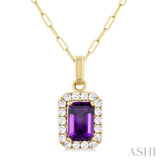 6x4 MM Octagonal Shape Amethyst and 1/6 Ctw Round Cut Diamond Halo Semi-Precious Pendant with Chain in 10K Yellow Gold
