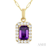 6x4 MM Octagonal Shape Amethyst and 1/6 Ctw Round Cut Diamond Halo Semi-Precious Pendant with Chain in 10K Yellow Gold