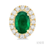 6x4 MM Oval Shape Emerald and 1/4 Ctw Round Cut Diamond Halo Precious Stud Earrings in 14K Yellow Gold