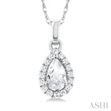 5x3 MM Pear Shape White Topaz and 1/20 Ctw Single Cut Diamond Halo Semi-Precious Pendant with Chain in 14K White Gold