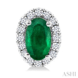 5x3 MM Oval Shape Emerald and 1/8 Ctw Round Cut Diamond Halo Precious Stud Earrings in 10K White Gold
