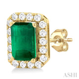 6x4 MM Octagonal Shape Emerald and 1/4 Ctw Round Cut Diamond Halo Precious Stud Earrings in 14K Yellow Gold