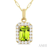 6x4 MM Octagonal Shape Peridot and 1/6 Ctw Round Cut Diamond Halo Semi-Precious Pendant with Chain in 14K Yellow Gold