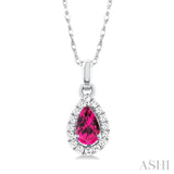 5x3 MM Pear Shape Pink Tourmaline and 1/20 Ctw Single Cut Diamond Halo Semi-Precious Pendant with Chain in 14K White Gold