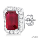 6x4 MM Octagonal Shape Ruby and 1/4 Ctw Round Cut Diamond Halo Precious Stud Earrings in 10K White Gold