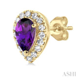 5x3 MM Pear Shape Amethyst and 1/8 Ctw Single Cut Diamond Halo Semi-Precious Stud Earrings in 10K Yellow Gold