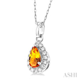 5x3 MM Pear Shape Citrine and 1/20 Ctw Single Cut Diamond Halo Semi-Precious Pendant with Chain in 14K White Gold