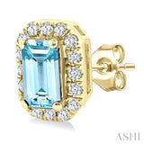 5x3 MM Octagonal Shape Aquamarine and 1/8 Ctw Round Cut Diamond Halo Semi-Precious Stud Earrings in 10K Yellow Gold