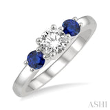 3.50 MM Round Shape Sapphire and 3/8 Ctw Past Present and Future Round Cut Diamond Precious Ring in 14K White Gold