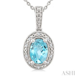7X5 MM Oval Shape Aquamarine and 1/50 Ctw Round Cut Diamond Semi-Precious Pendant With Chain in Sterling Silver