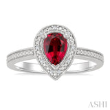 7X5 MM Pear Shape Lab-Created Ruby and 1/50 Ctw Round Cut Diamond Precious Ring in Sterling Silver