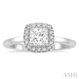 5/8 Ctw Halo Round Cut Diamond Ladies Engagement Ring With 1/2 Ct Princess Cut Center Stone in 14K White Gold