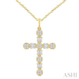 1/3 Ctw Floral Cross Fusion Baguette and Round Cut Diamond Fashion Pendant With Chain in 14K Yellow Gold