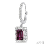 6x4 MM Emerald Cut Rhodolite Garnet and 5/8 Ctw Diamond Semi-Precious Earrings in 14K White Gold
