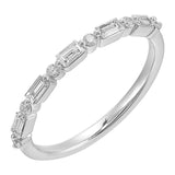Baguettes and round diamonds dance in a dazzling duet around this band, set half the way around with comfort fit inside.
